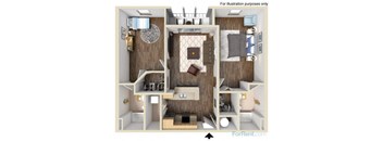 A 3D floor plan of a small apartment with a kitchen, living room, and bedroom.