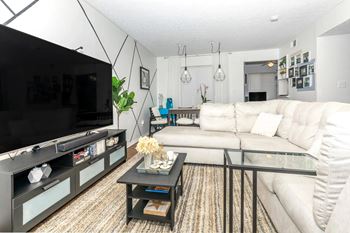 A modern living room with a white couch and a black television.