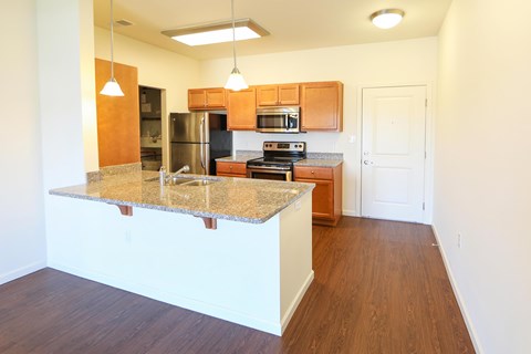 A kitchen with wooden cabinets and a granite countertop.