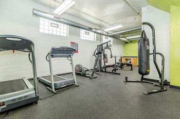 A gym with treadmills, weights, and a punching bag.