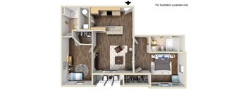 A 3D floor plan of a small apartment with a kitchen, living room, and bedroom.