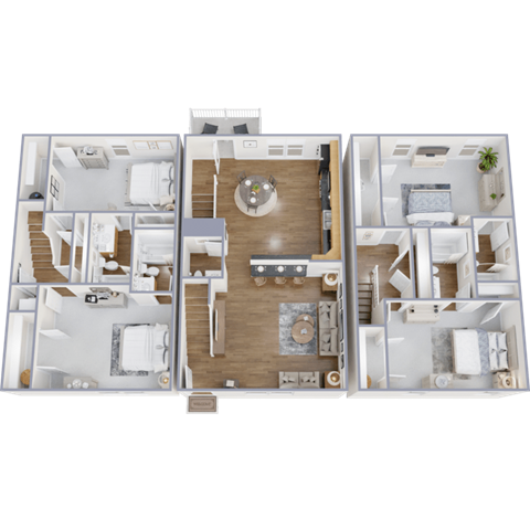 A detailed 3D floor plan of a house layout.