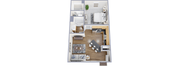 A top-down view of a well-organized apartment with a living room, kitchen, and bathroom.