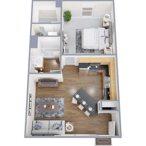 A top-down view of a well-organized apartment with a living room, kitchen, and bathroom.