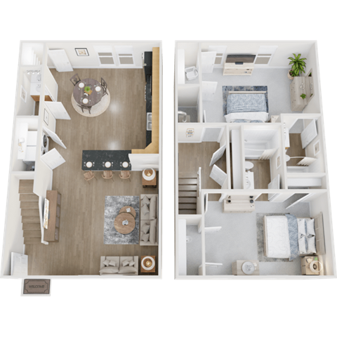 Two images of a model apartment, one with a kitchen and the other with a living room.
