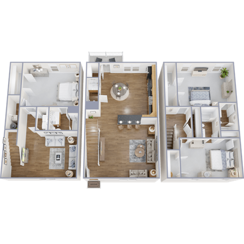 Three different layouts of a room with furniture and appliances.