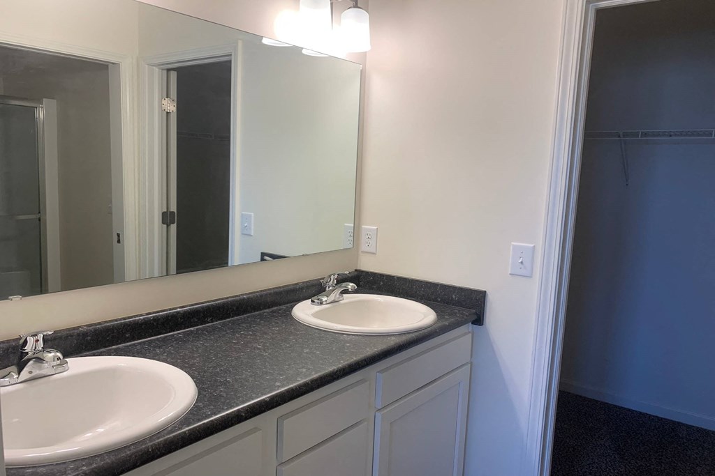 a bathroom with two sinks and a large mirror