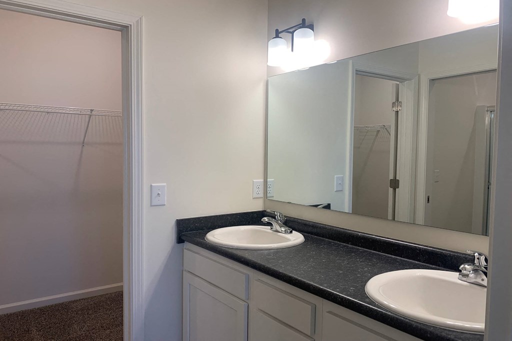 a bathroom with two sinks and a large mirror