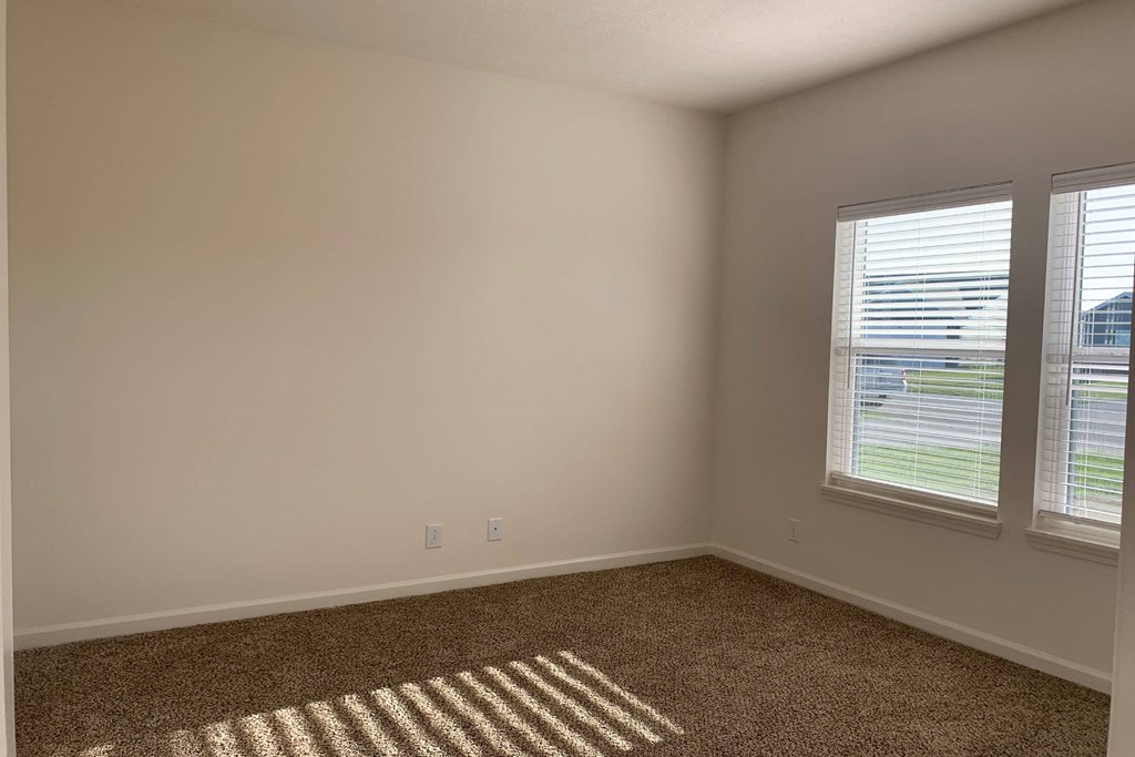 a bedroom with two windows and a carpeted floor