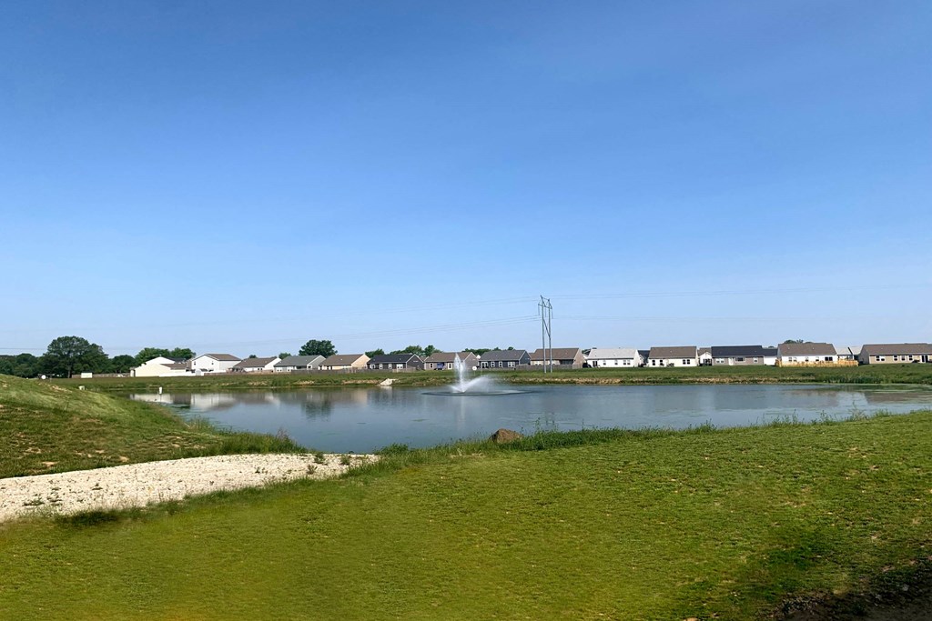 a small pond with a fountain in the middle of a grassy field with houses in the