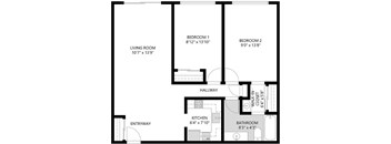 A black and white image of a floor plan for a home with a living room, two bedrooms, a kitchen, bathroom, and hallway.