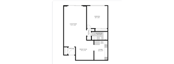 A floor plan of a house with a living room, dining room, kitchen, bathroom and bedroom.