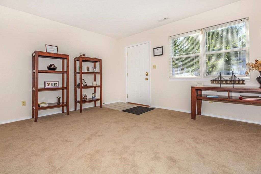 A room with a carpeted floor and a window with blinds.