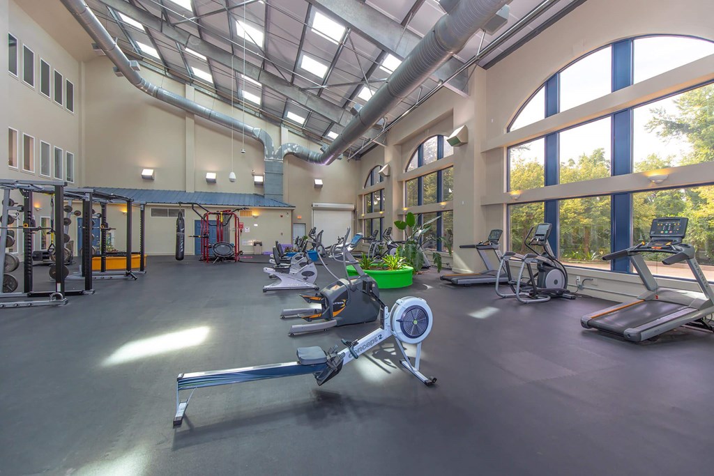 A gym with a variety of equipment including treadmills, weights, and exercise machines.