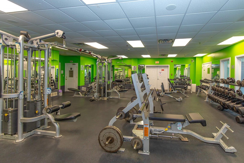 A gym with a variety of equipment including weights and weight machines.