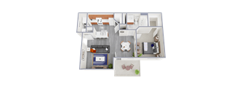 A 3D floor plan of a house showing a kitchen, living room, and two bedrooms.