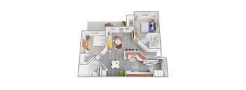 A 3D floor plan of a house with a kitchen, living room, and bedrooms.