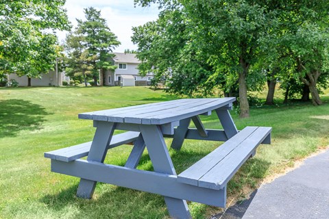 A blue picnic table with a bench in front of a house and trees.