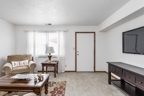 A living room with a couch, a coffee table, a lamp, a rug, a door, and a television.