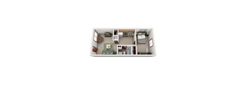 A top down view of a small apartment with a kitchen, living room, and bedroom.