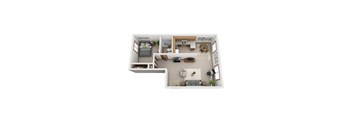 A top-down view of a small apartment with a bedroom, living room, and kitchen.