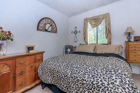 A leopard print bed sits in a bedroom with a wooden dresser and a cross hanging on the wall.