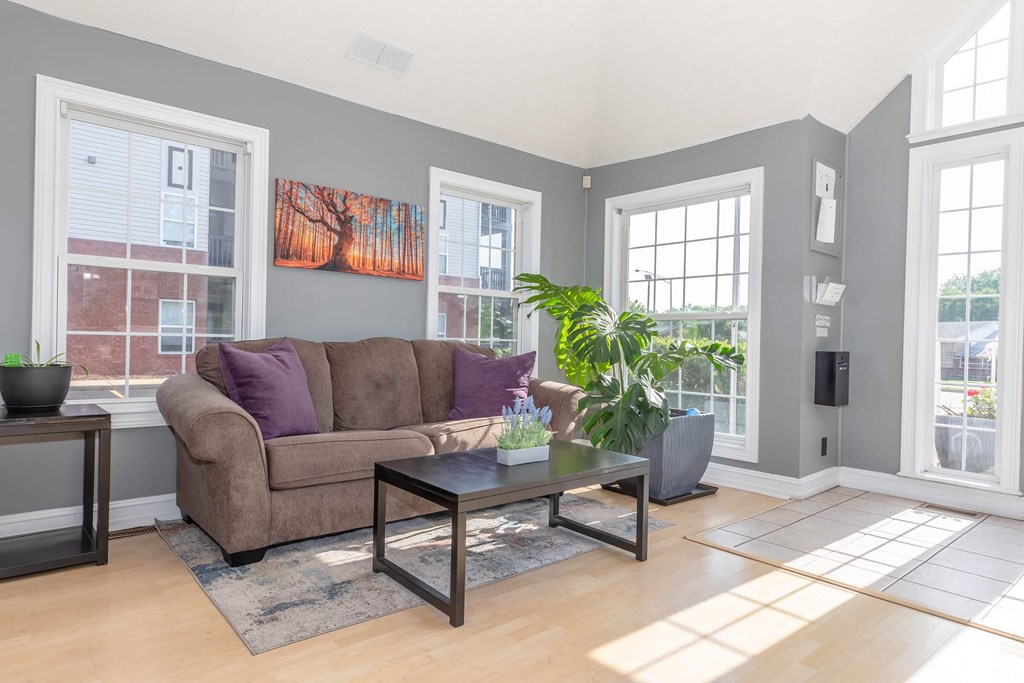 A living room with a brown couch and a coffee table.