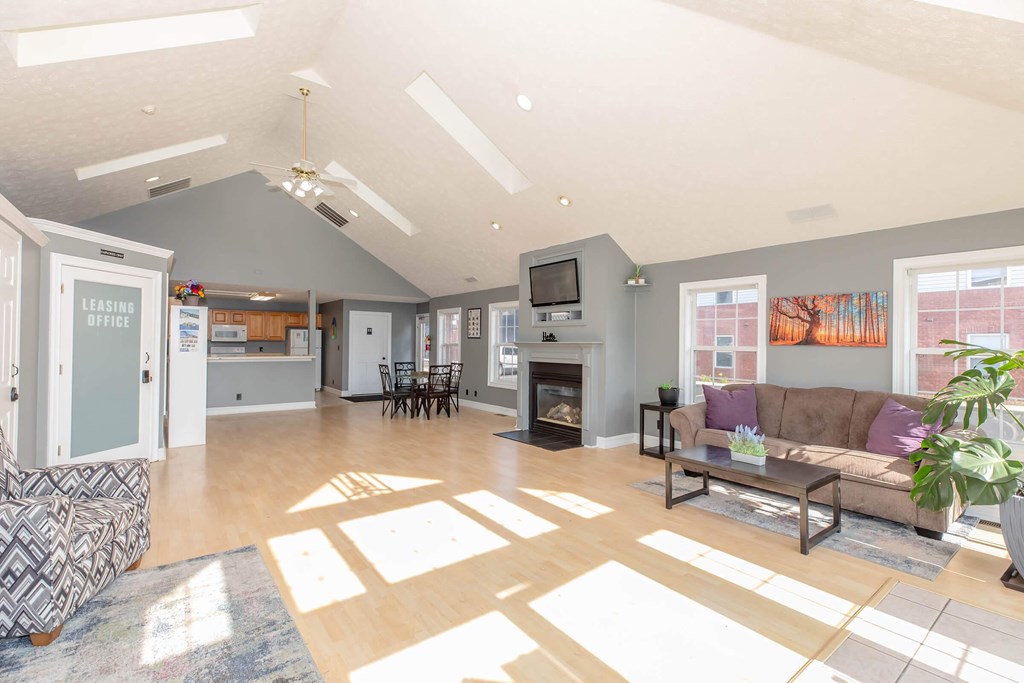 A living room with a fireplace and a couch.