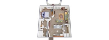 A top down view of a small apartment with a bedroom, living room, kitchen, and bathroom.