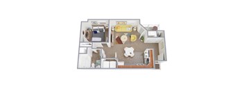 A floor plan of a small apartment with a kitchen, living room, and bathroom.