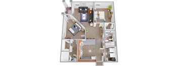 A 3D floor plan of a small apartment with a kitchen, living room, and bedroom.