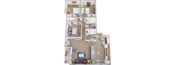 A 3D floor plan of a house with a living room, kitchen, and bedrooms.