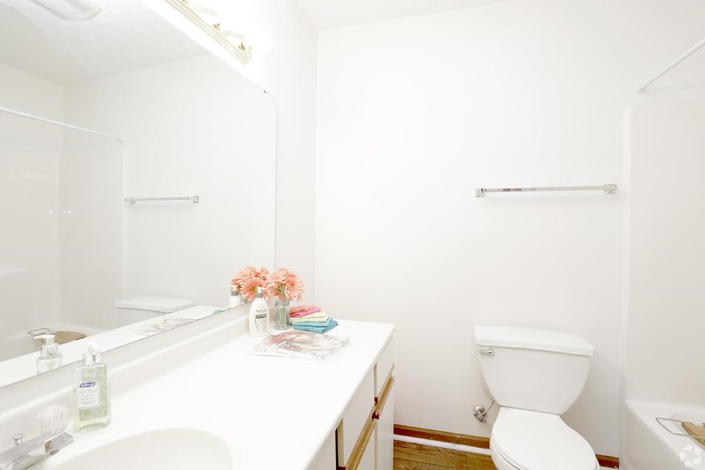 A white bathroom with a toilet, sink, and mirror.