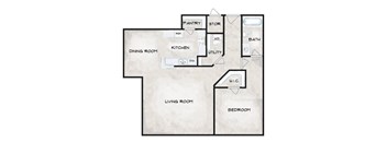 A floor plan of a house with a pantry, storage, dining room, kitchen, living room, bedroom, and bathroom.