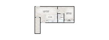 A drawing of a house layout with a living room, kitchen, bath, and bedroom.