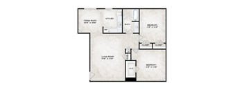 A floor plan of a house with a living room, dining room, kitchen, two bedrooms, and two closets.