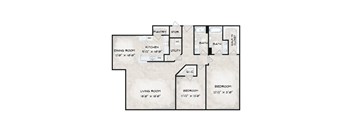 A black and white image of a floor plan for a house with a living room, dining room, kitchen, pantry, bathrooms, and bedrooms.