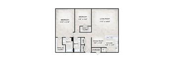 A floor plan of a home with two bedrooms, a living room, a dining room, a kitchen, two bathrooms, and storage.