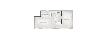 A floor plan of a small apartment with a living room, dining room, kitchen, and bedroom.