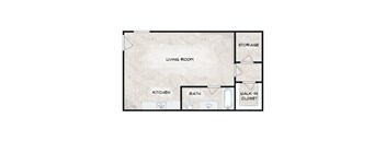 A diagram of a living room with a kitchen, bath, and walk-in closet.