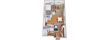 A floor plan of a small apartment with a kitchen, living room, and bathroom.