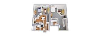 A floor plan of a two-bedroom apartment with a living room, kitchen, and bathroom.