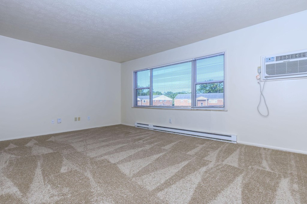 A room with a carpeted floor and a window overlooking a building.