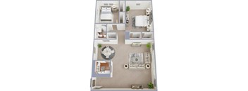 A floor plan of a small apartment with a bedroom, living room, kitchen, and bathroom.