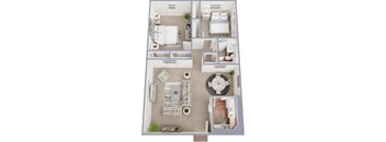 A dollhouse room with a bed, a desk, and a chair.
