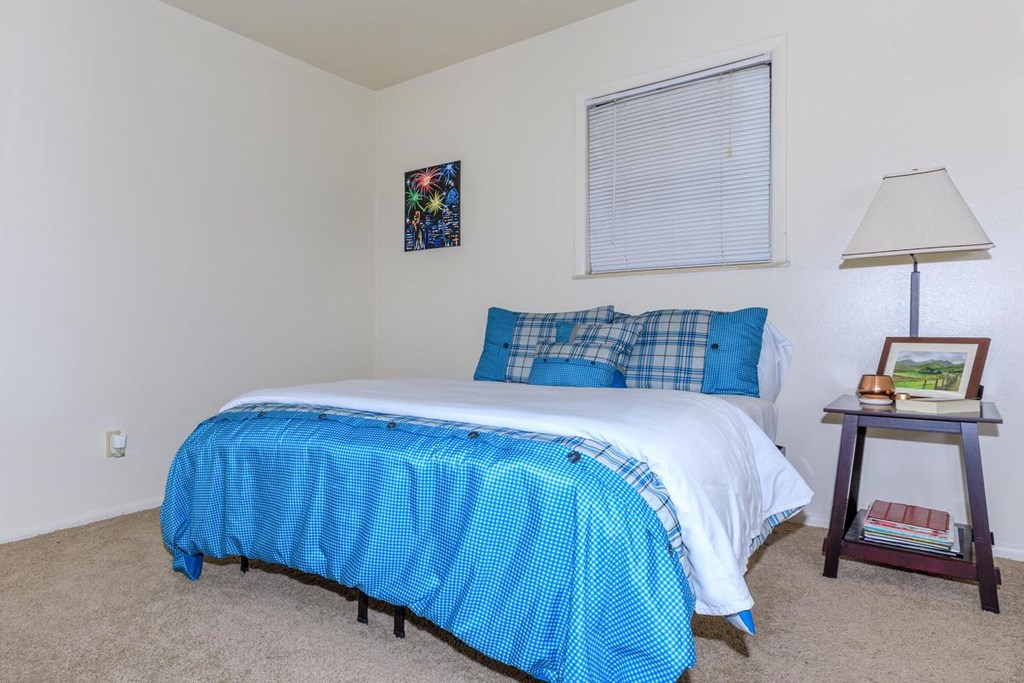 A bed with a blue and white comforter is in a room with a lamp and picture frame on a side table.