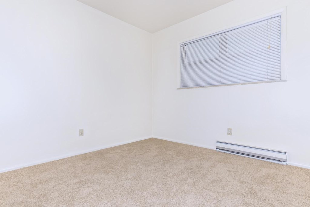 A room with a carpeted floor and a window with blinds.
