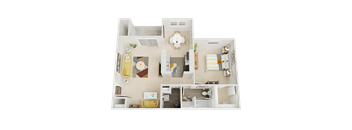 A 3D floor plan of a house with a kitchen, living room, and two bedrooms.