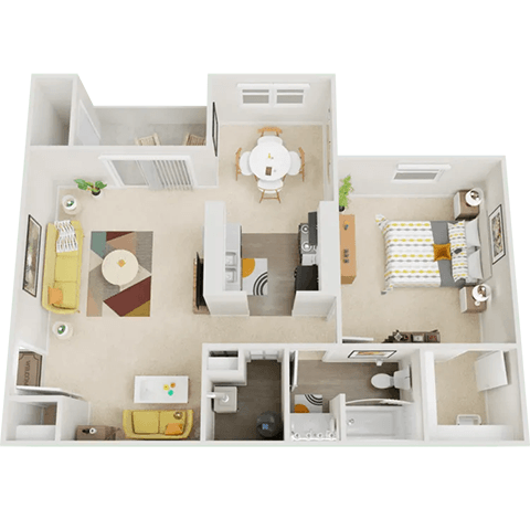 A 3D floor plan of a house with a kitchen, living room, and two bedrooms.