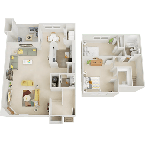 Two floor plans of a house with a kitchen, living room, and bedrooms.